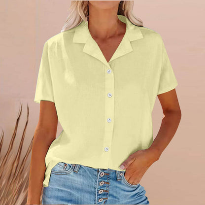 Spring Summer Lapel Cotton And Linen Casual short sleeve Shirt For Women