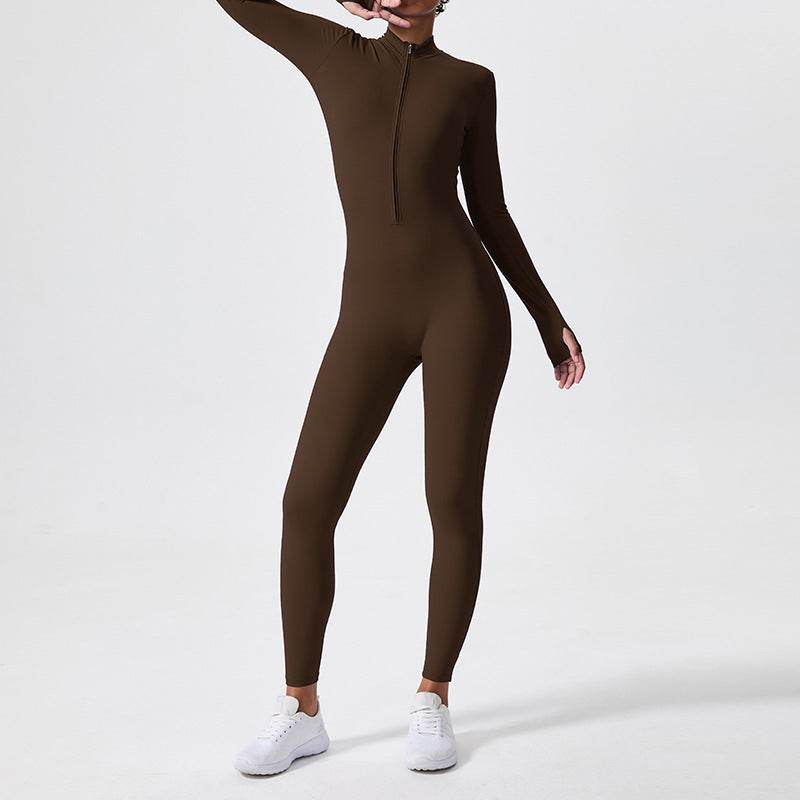 Combinaison de sport moulante athleisure à manches longues, col roulé et fermeture éclair, avec rehausseur de hanches, pour femmes