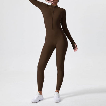 Combinaison de sport moulante athleisure à manches longues, col roulé et fermeture éclair, avec rehausseur de hanches, pour femmes