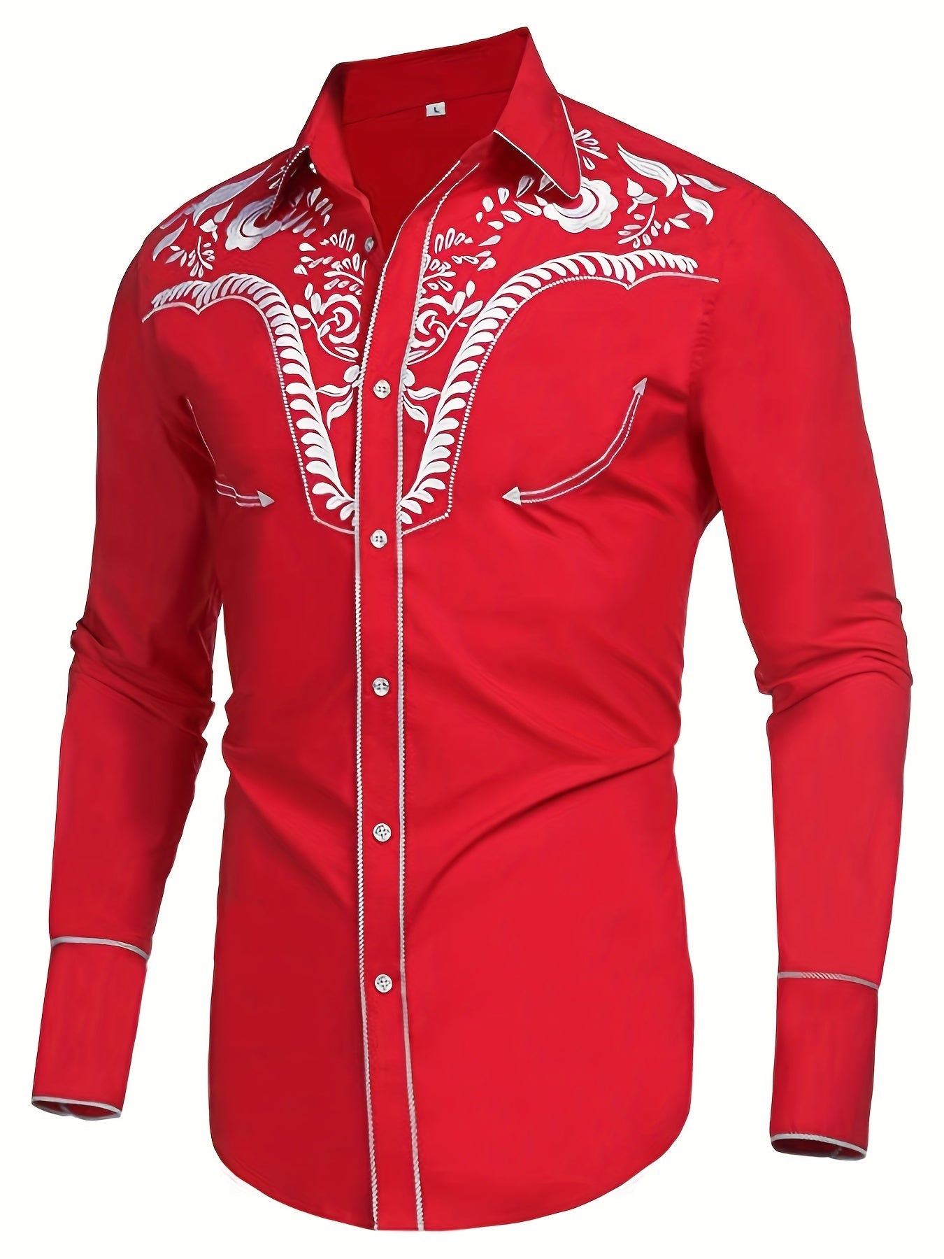 Western Cowboy Chic Long Sleeve Embroidered Shirt - Soft Cotton Blend, Elegant Design, Casual Style for Spring Fall Vacation Resort Wear - Men's Shirt for Outdoor Activities, Travel, and Leisure