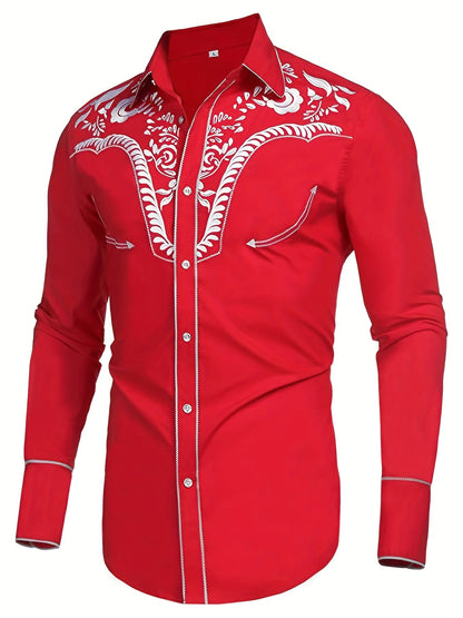 Chemise brodée à manches longues style cowboy western chic - Mélange de coton doux, design élégant, style décontracté pour les vacances de printemps et d'automne - Chemise homme pour activités de plein air, voyages et loisirs