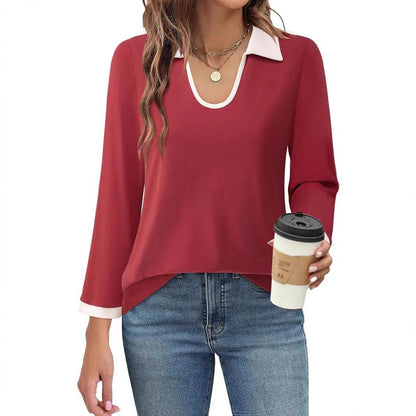 Casual Color Matching Lapel Long Sleeve Blouse Top Women