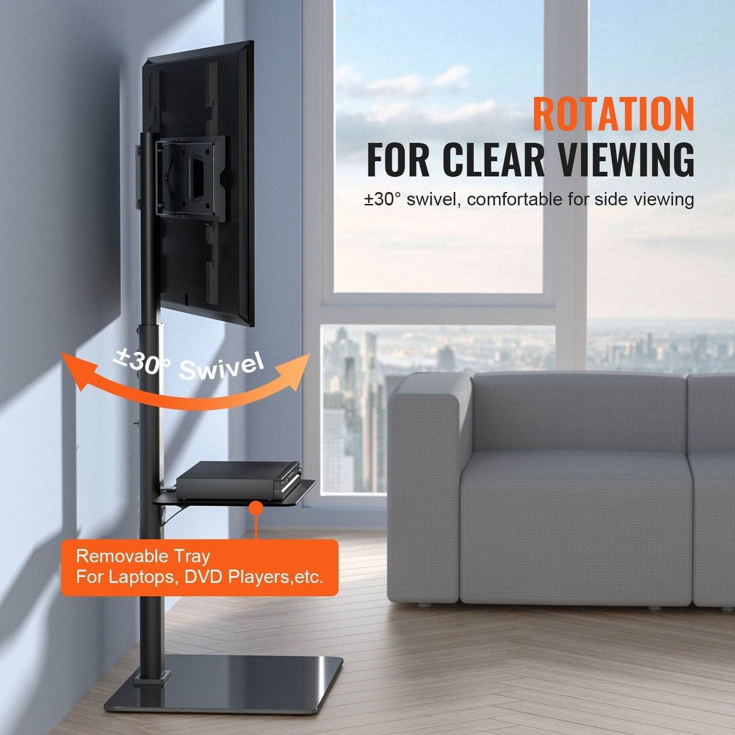 TV Stand Mount, Swivel Tall TV Stand For 32 To 65 Inch TVs, Height Adjustable Portable Floor TV Stand With Tempered Glass Base For Bedroom, Living Room