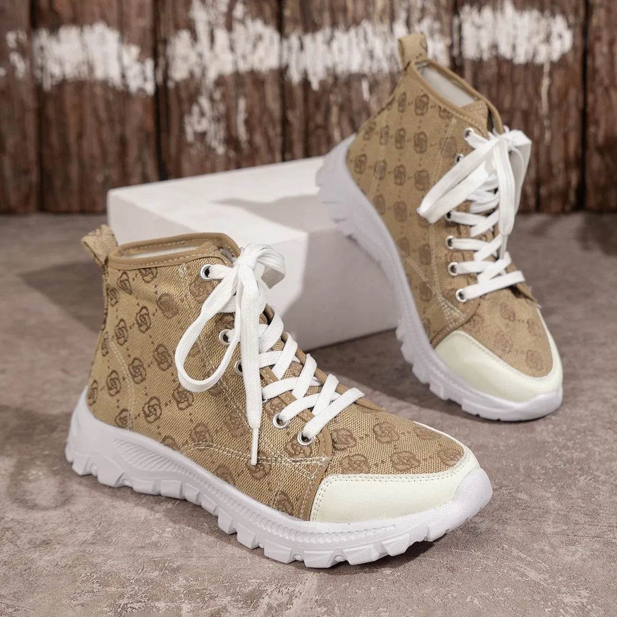 Bottes à lacets imprimé rose, chaussures en toile respirantes à la mode, bottines courtes décontractées antidérapantes à semelle épaisse pour femmes
