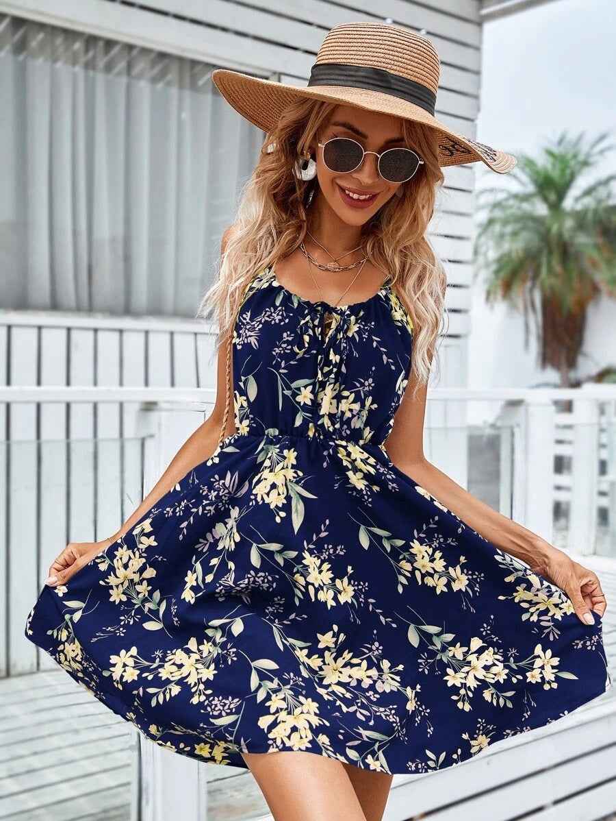 Floral Print Suspender Dress with Elastic Waist – Fashionable Summer Short Dress for Women