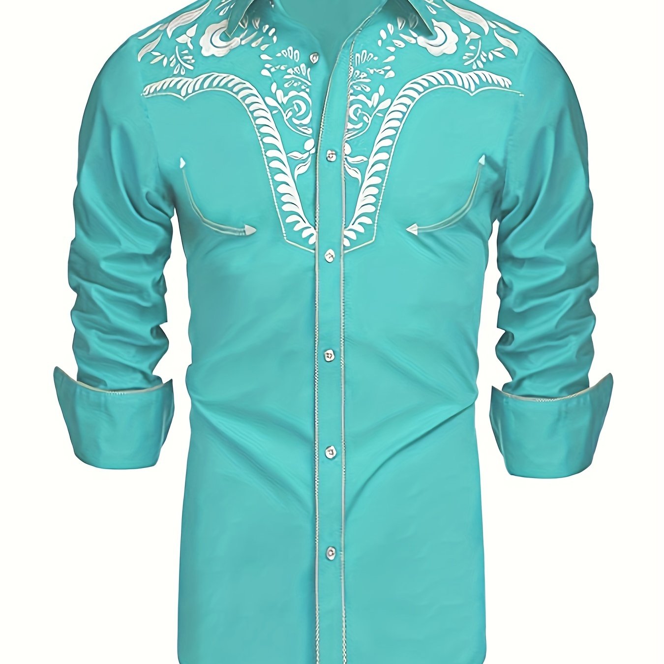 Western Cowboy Chic Long Sleeve Embroidered Shirt - Soft Cotton Blend, Elegant Design, Casual Style for Spring Fall Vacation Resort Wear - Men's Shirt for Outdoor Activities, Travel, and Leisure