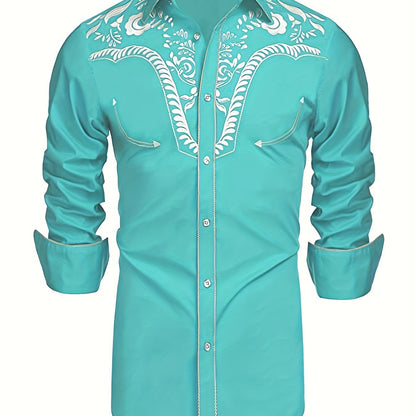 Western Cowboy Chic Long Sleeve Embroidered Shirt - Soft Cotton Blend, Elegant Design, Casual Style for Spring Fall Vacation Resort Wear - Men's Shirt for Outdoor Activities, Travel, and Leisure