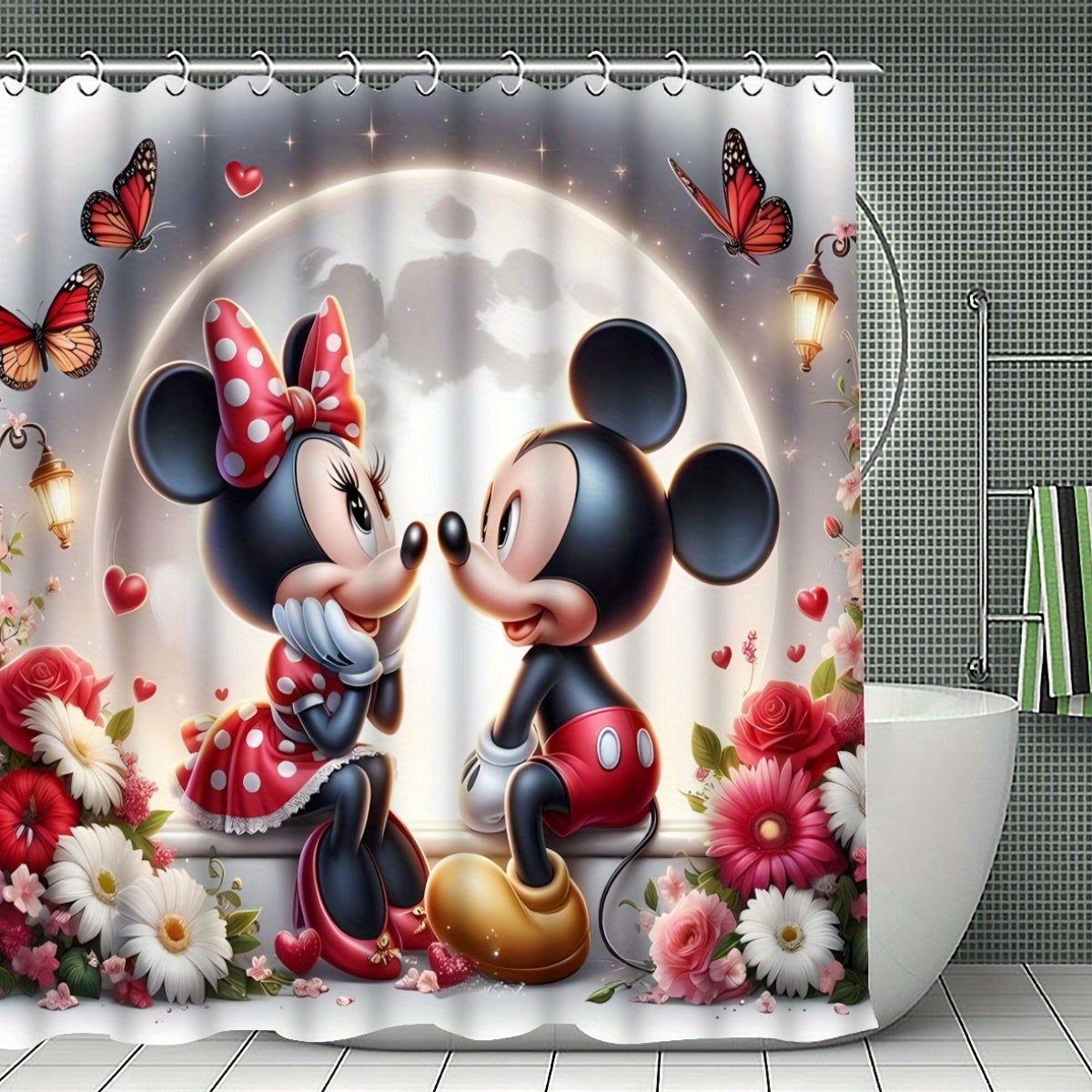 Disney Mickey Mouse Family Bathroom Set - Complete Set Includes 1/4 Pcs Shower Curtain, 12 Hooks, Non-Slip Mat, Toilet Seat Cover, And U-Shaped Cushion - Perfect for Modern Decorating