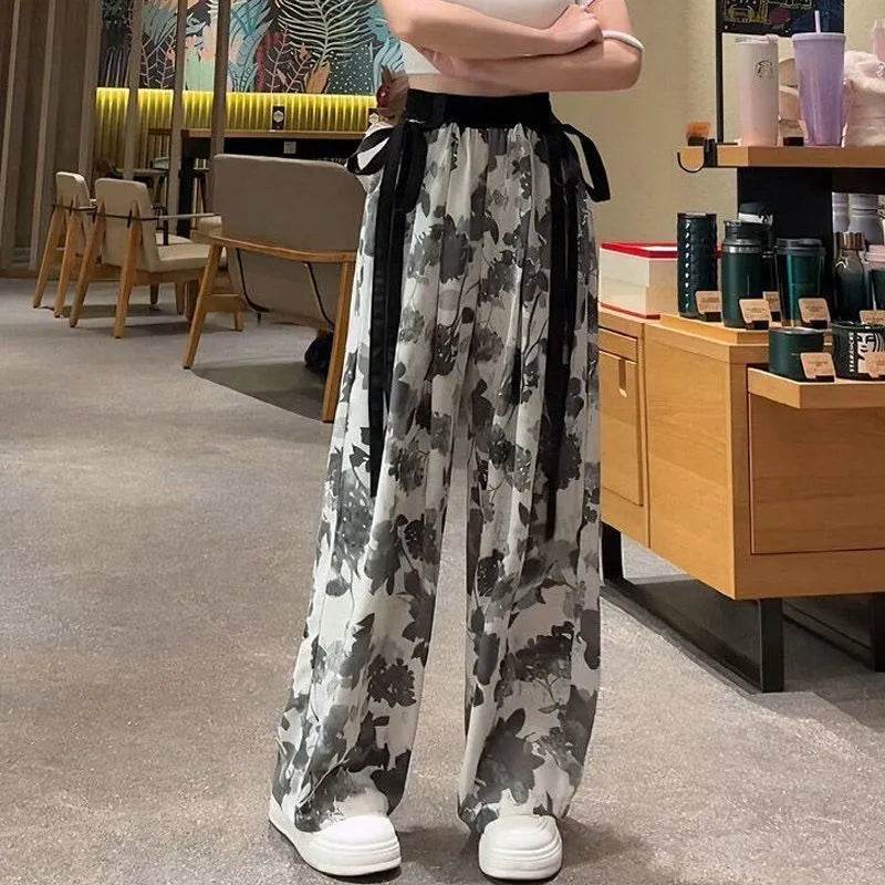 New Painting Ice Silk Wide-leg Baggy Trouser Pants Summer Women