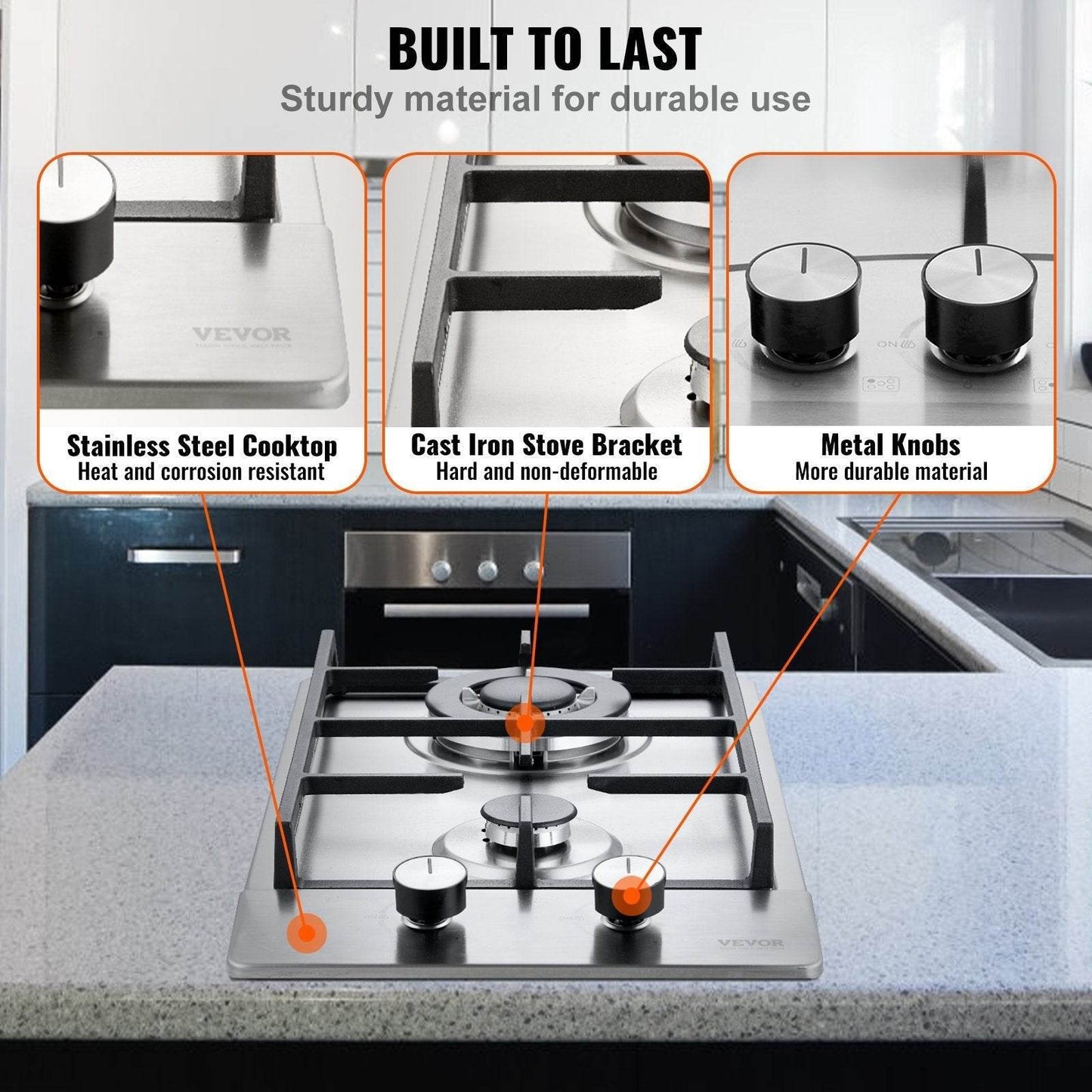 Gas Cooktop 12 Inch, Max 12250BTU 2 Burners Built-in Stainless Steel Gas Stove Top, LPG NG Convertible Dual Fuel Natural Gas Hob With Thermocouple Protection