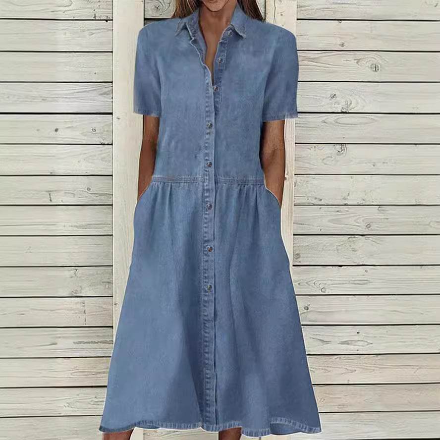 Women's European And American Lapel Casual loose button down Midi Denim jeans Mum Dress
