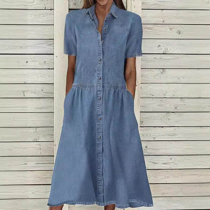 Women's European And American Lapel Casual loose button down Midi Denim jeans Mum Dress