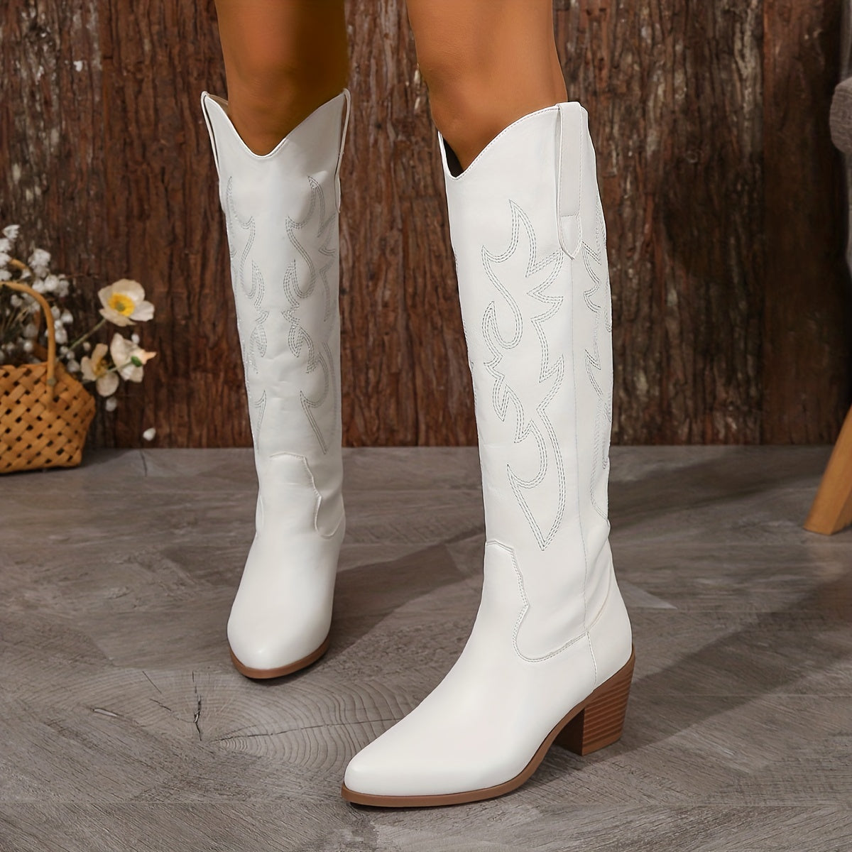 Womens Richly Embroidered Slip-On Cowboy Boots - Fashionable Pointed Toe, Chunky Heel, High Knee Height - Authentic Western Style with Ultimate Comfort - Perfect for Vacation Wear
