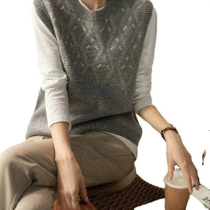 Cashmere Jacquard Sleeveless Round Neck Knitted Sweater Vest for Women