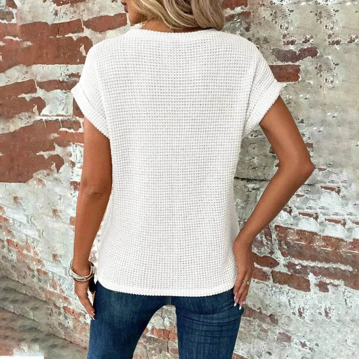 Chemise gaufrée décontractée d'été à manches courtes, Nouveau haut de soirée décontracté de couleur unie pour femme