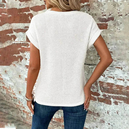 Chemise gaufrée décontractée d'été à manches courtes, Nouveau haut de soirée décontracté de couleur unie pour femme
