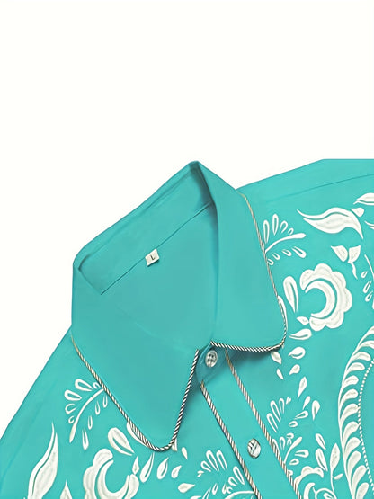 Western Cowboy Chic Long Sleeve Embroidered Shirt - Soft Cotton Blend, Elegant Design, Casual Style for Spring Fall Vacation Resort Wear - Men's Shirt for Outdoor Activities, Travel, and Leisure
