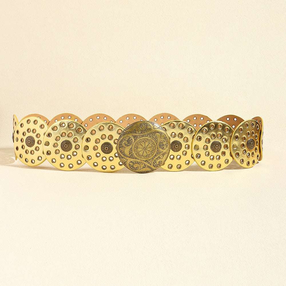 Ceinture large de cowboy occidental avec rivets dorés, en cuir PU, style Steampunk, avec grande boucle ronde vintage pour femme.