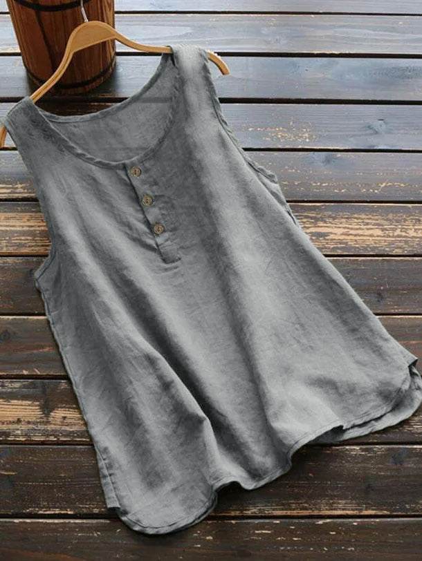 Solid Color Round Neck Loose Casual Vest Cotton Linen summer blouse top for Women