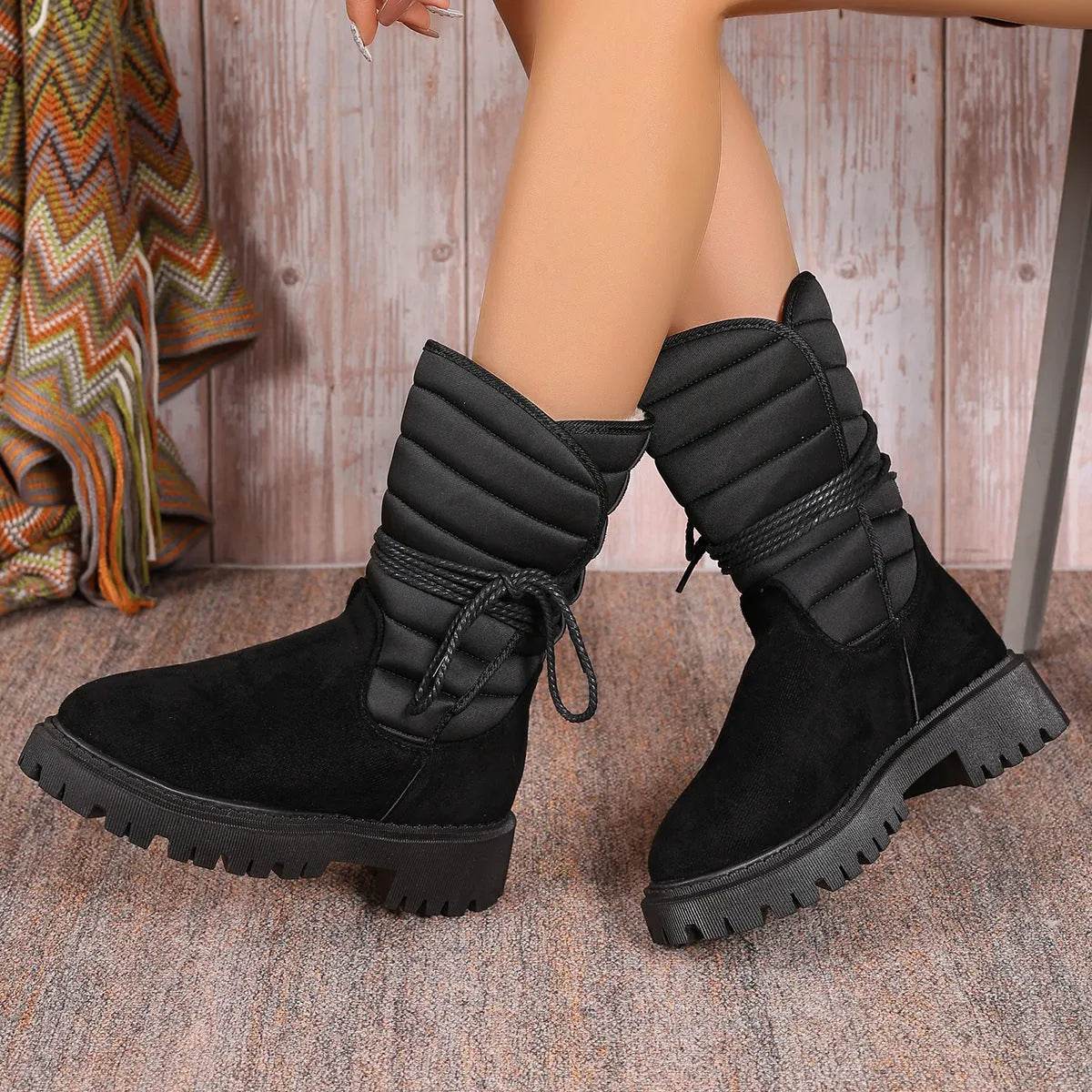 Bottes de neige mi-mollet tendance avec lacets, bottes d'hiver chaudes et épaisses à talon bas, chaussures décontractées pour femmes, pour l'extérieur