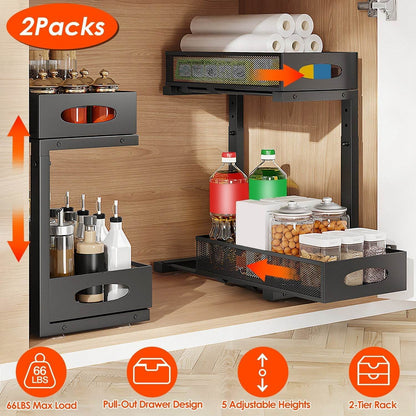 2 paniers de rangement coulissants à 2 niveaux pour dessous d'évier avec 5 paniers en maille à hauteur réglable pour cuisine, salle de bain, bureau à domicile