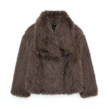 Manteau d'hiver en peluche à col ouvert et revers épais, manteau en fausse fourrure pour femmes