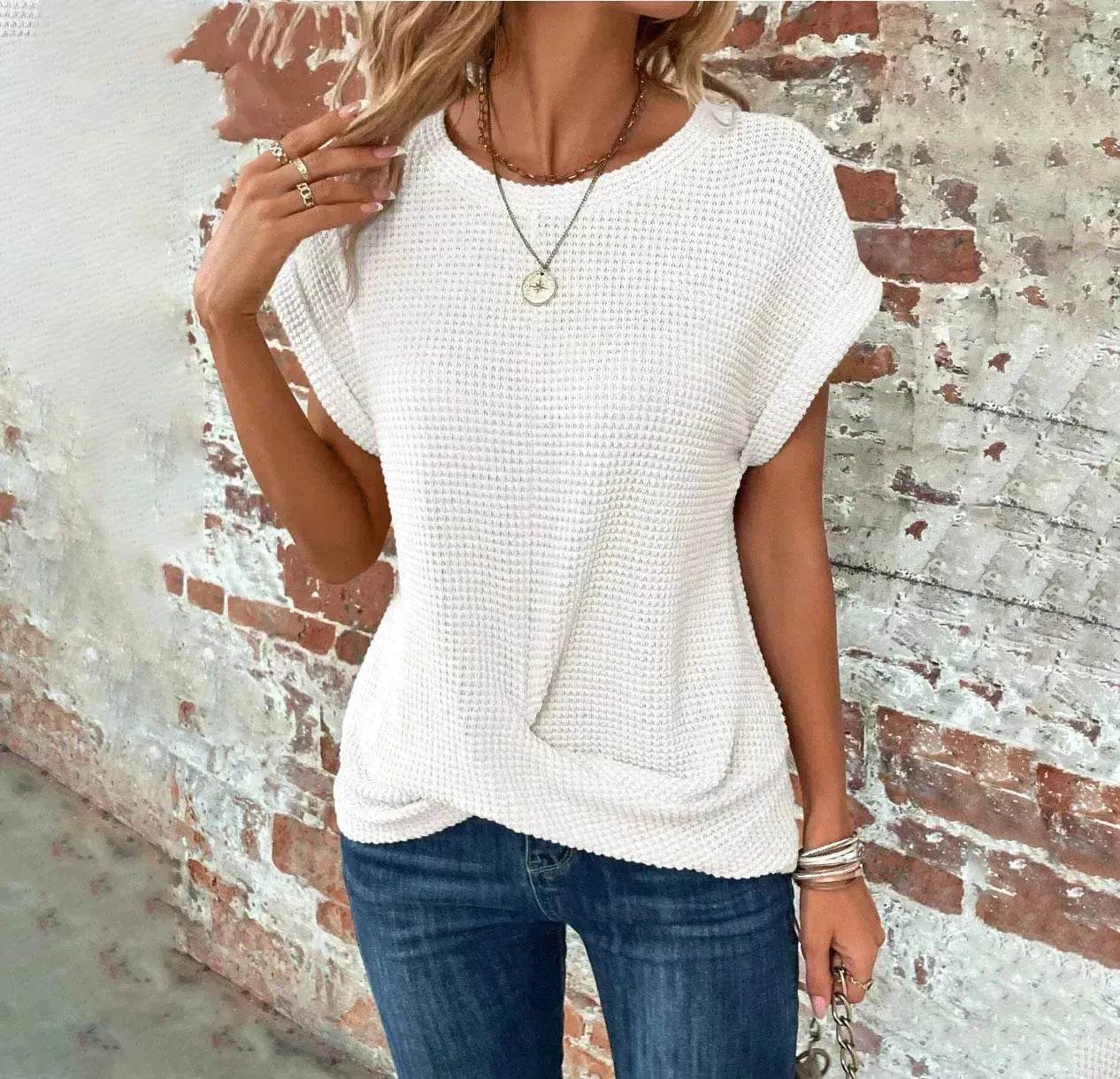 Chemise gaufrée décontractée d'été à manches courtes, Nouveau haut de soirée décontracté de couleur unie pour femme