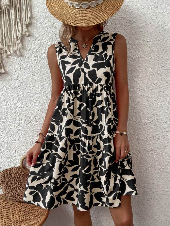 Robes bohèmes d'été, mode plage, col en V ample, imprimé plissé, sans manches, pour femmes
