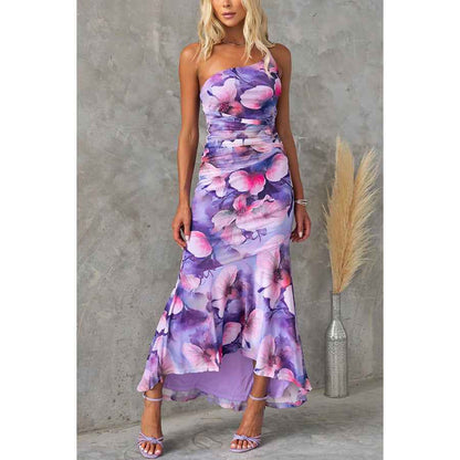Floral Print One-Shoulder Maxi Dress – Women's Casual Summer Botanical Long Dress