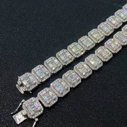 S925 Silver Inlay Rectangular Moissanite Diamond Cuban Link Chain