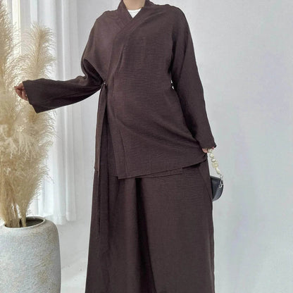 Plain Color Casual Lace Up Middle East Dubai Top And Skirt Suit Eid Abaya Jilbab Hijab Abaya for ArabWomen