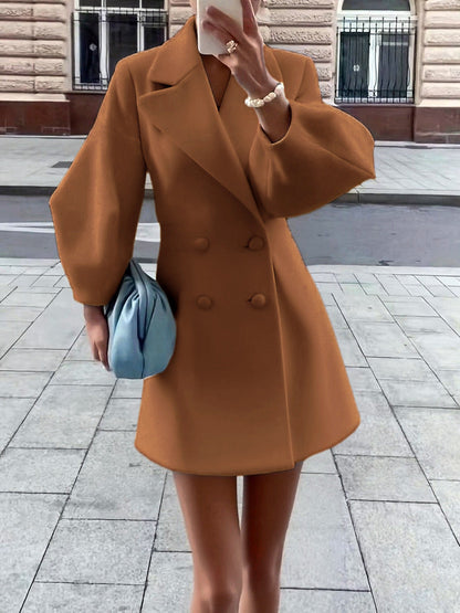 Women’s Retro Wool Coat – Puff Sleeve Double-Breasted Jacket with Large Lapel