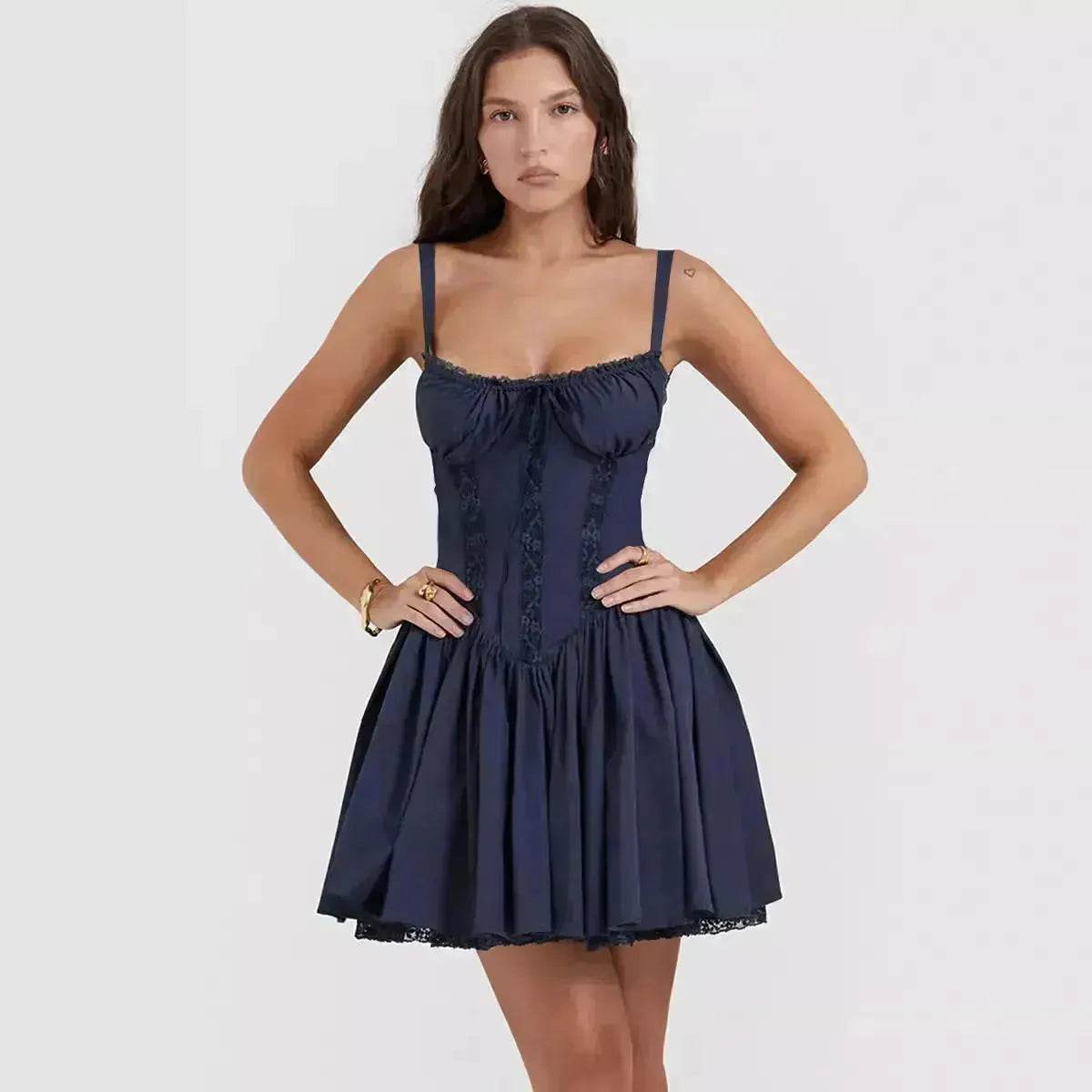 Elegant Chic Women Suspender Mini Skater Dress Summer Fashion Lace-up Slim Waist Pleated Short Dresses For Evening Party Cocktail Occasions