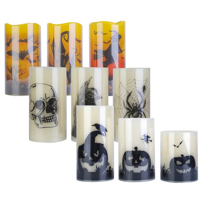 Lot de 3 bougies sans flamme d'Halloween avec minuterie, fonctionnant sur piles, lumières orange chaudes pour la décoration de fête d'Halloween.