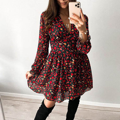 Spring Summer V-neck Long sleeve Floral Mini dress