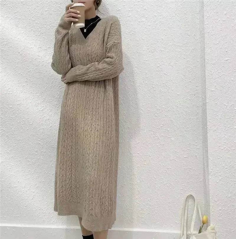 Autumn Winter Knitted V-neck Long Sweater Dress
