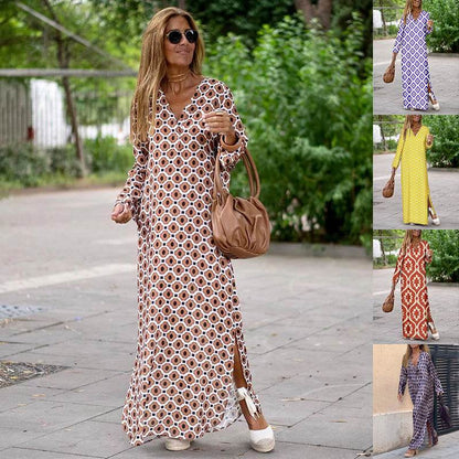 Summer Geometric Printed V-neck Long Dress Fashion Long Sleeve Slit Dresses For Women