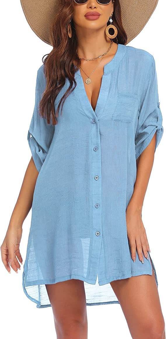 European And American Sun Protection Women Beach Linen Shirt dress