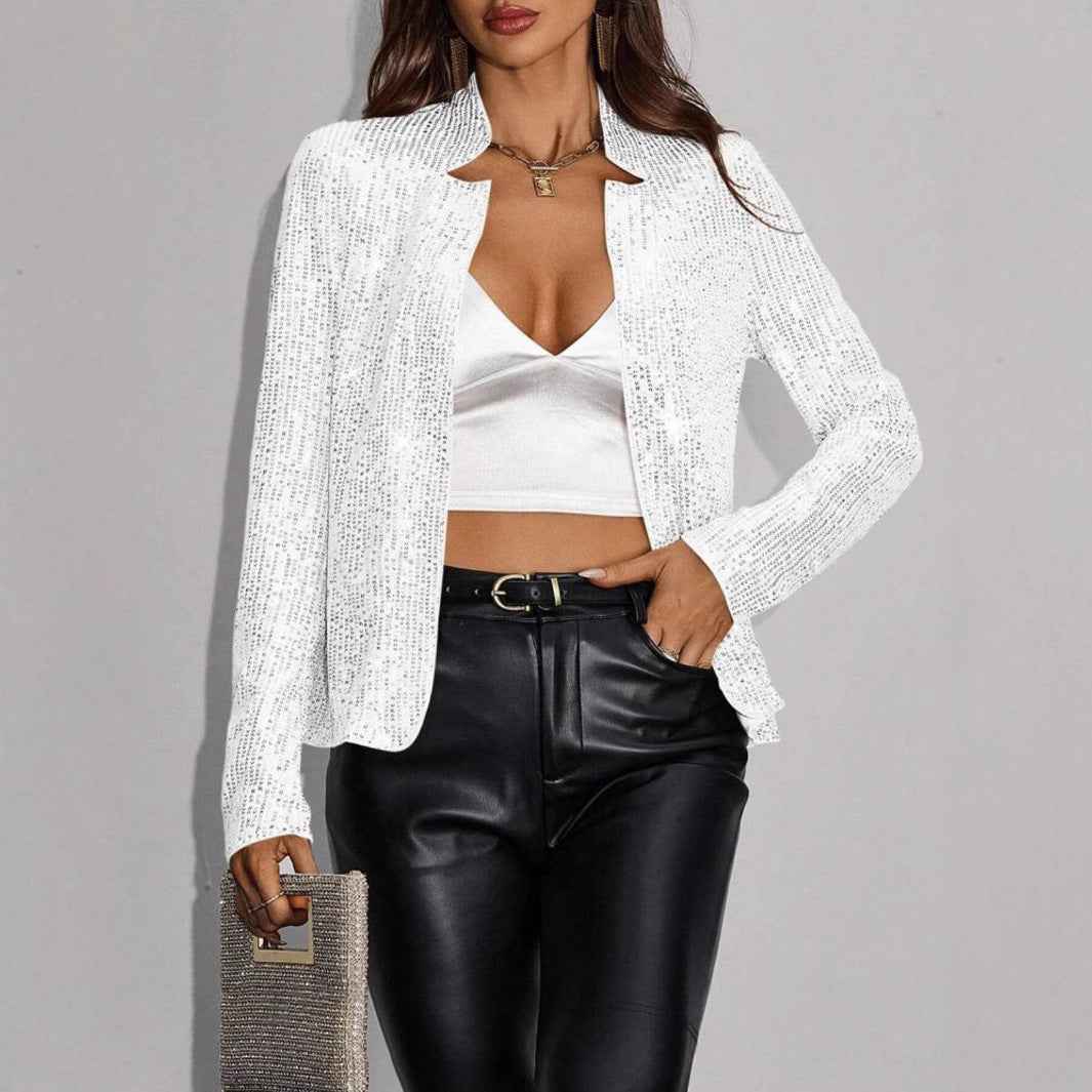 Women's Stand-Collar Cropped Sequin Jacket