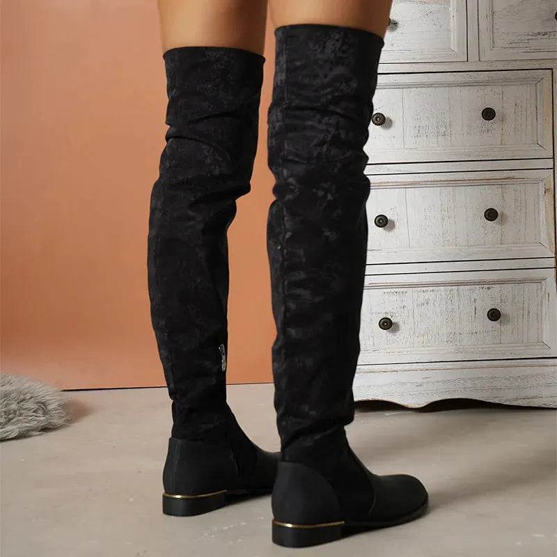 Bottes cuissardes pour femmes en suède avec coutures, talons bas, longues bottes avec fermeture éclair latérale, chaussures de fête hivernales