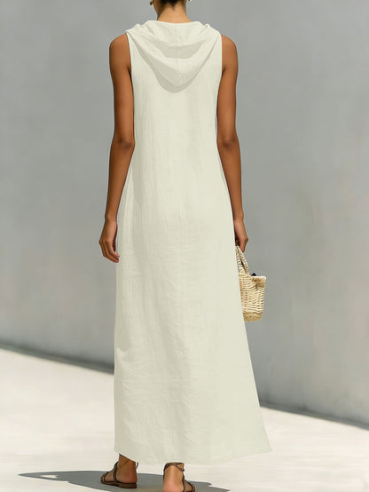 Women's Hooded Sleeveless Button-Down Split Maxi Dress – Casual Vacation Long Dress for Spring & Summer