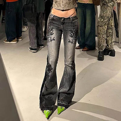 Printed Worn Baggy Jeans Pant Slimming Washed Women
