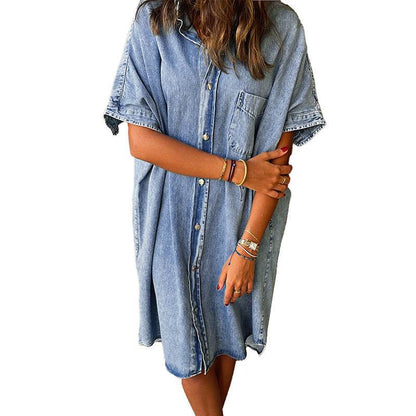 Women's Solid Color Single Row Multi-buckle loose Dress Short Sleeve Denim