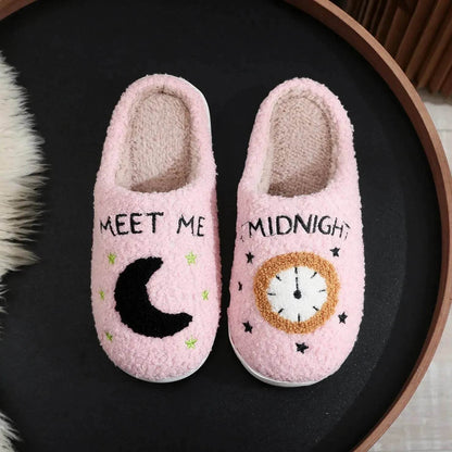Chaussons d'intérieur imprimés lune et horloge, pantoufles chaudes d'hiver pour chambre à coucher pour femmes