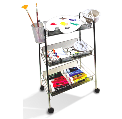 Artist Studio On Wheels with 3 Shelves, 26 Brush Holder Slots, 4" Diam. Brush Washer and Oil Or Medium Jar With Cover