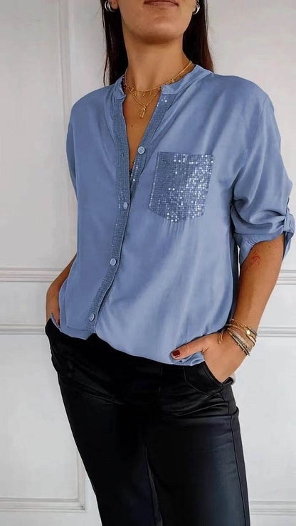 Chemisier décontracté à manches longues avec poche à sequins, haut tendance pour femmes