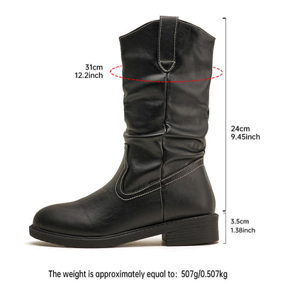 Women's Mid-Calf Fashion Boots – Pointed Toe Block Heel PU Leather Boots