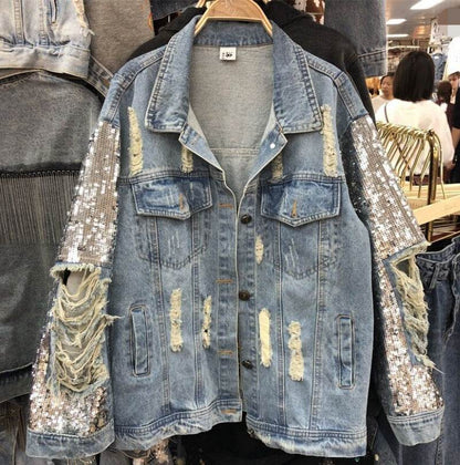 Street Fashion Heavy Industry lose Ripped Sequined Sleeve Denim Jacket Women