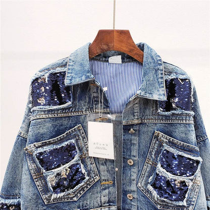 Heavy Industry Sequins Short Doll Sleeve Denim Jacket Women