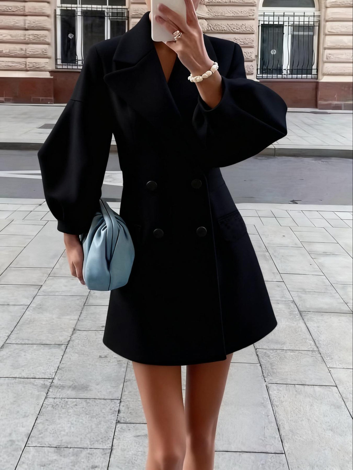Women’s Retro Wool Coat – Puff Sleeve Double-Breasted Jacket with Large Lapel